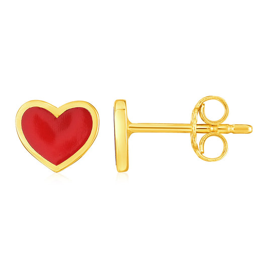 14k Gold & Enamel Red Heart Stud Earrings