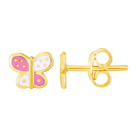 14k Gold & Enamel Pink & White Butterfly Stud Earrings