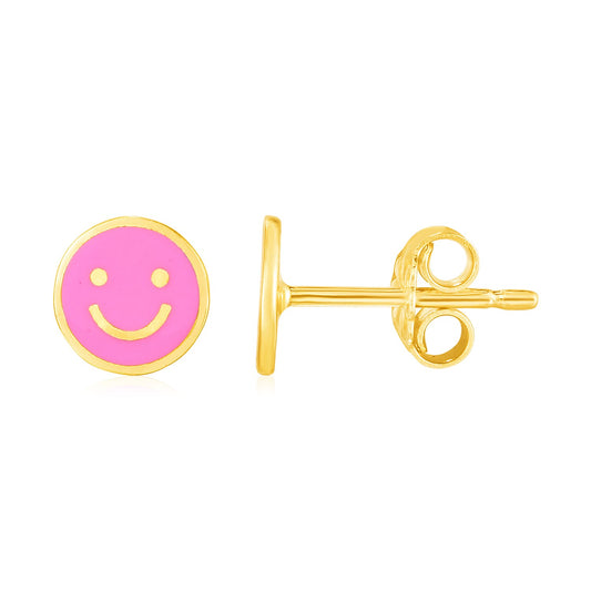 14k Gold and Enamel Pink Smiley Face Stud Earrings(6.8mm)