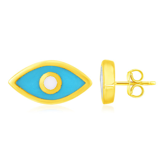 14K Gold Blue Evil Eye Earrings w/Enamel