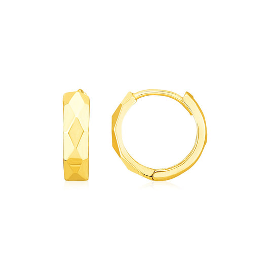 14K Gold Diamond Motif Faceted Huggie Earrings